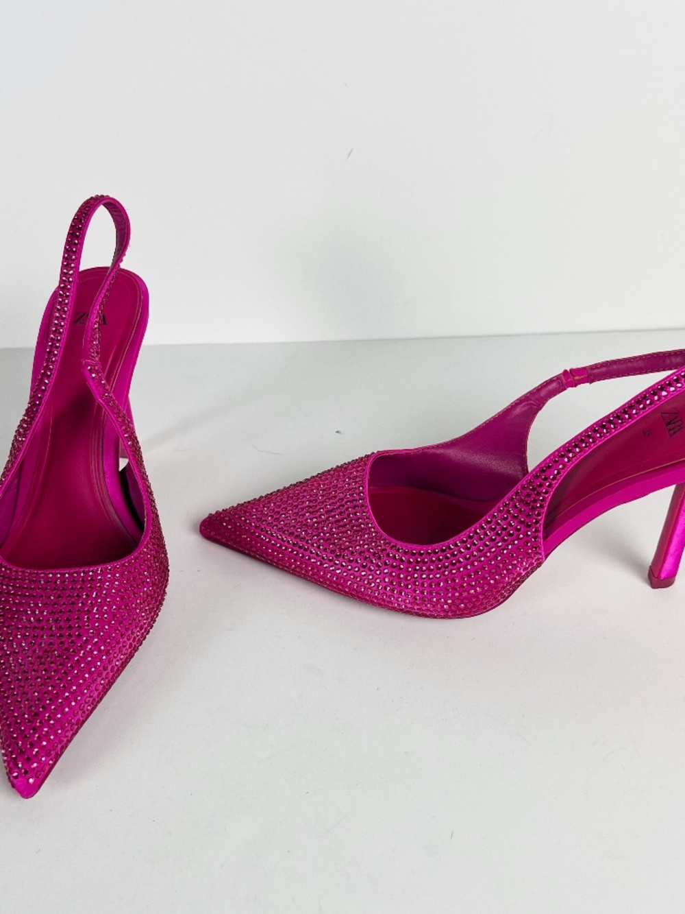 Zara Crystal Rhinestone Jewel Pointed Toe Slingback High Heel Shoes Pink 8 - Picture 1 of 5